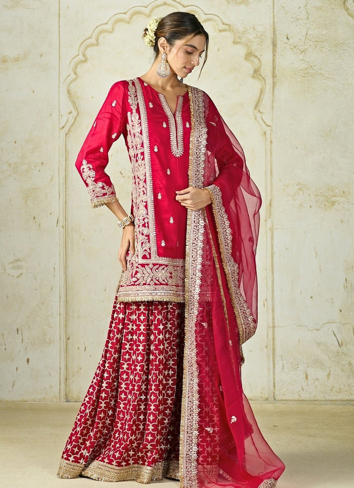 Gopi Vaid Red Tussar Kurta Sharara SetFabilicious Fashion