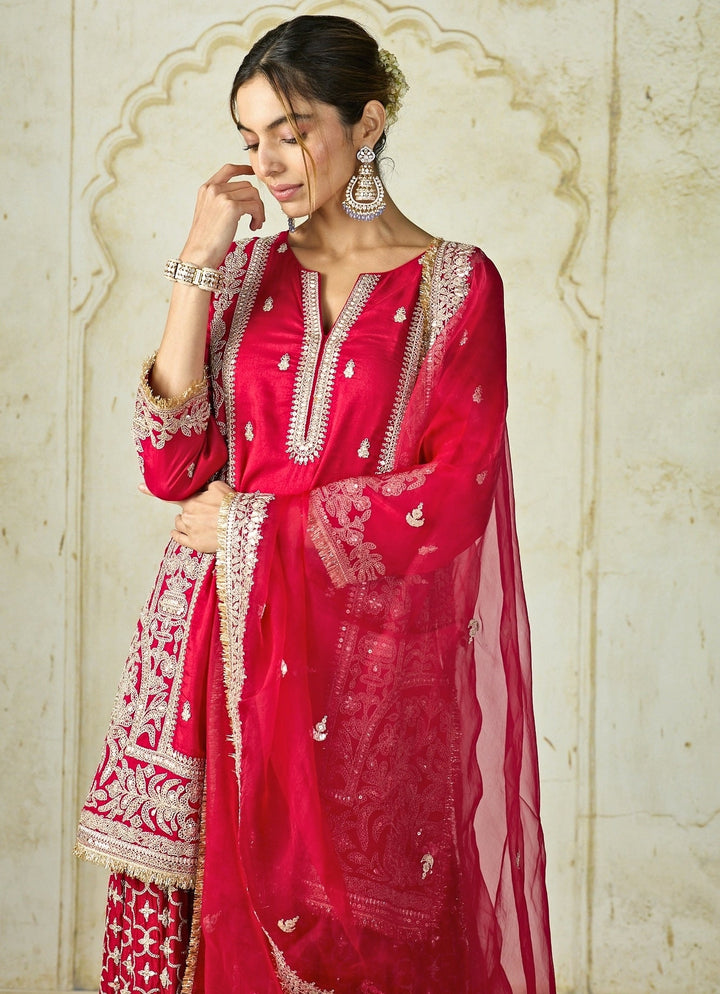 Gopi Vaid Red Tussar Kurta Sharara SetFabilicious Fashion