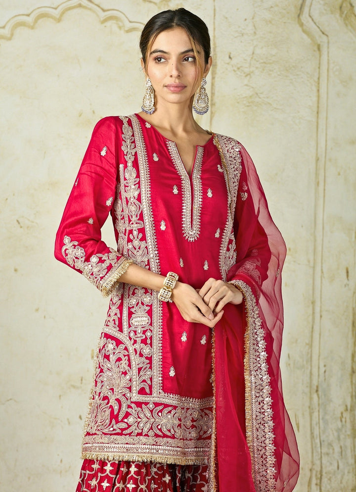 Gopi Vaid Red Tussar Kurta Sharara SetFabilicious Fashion
