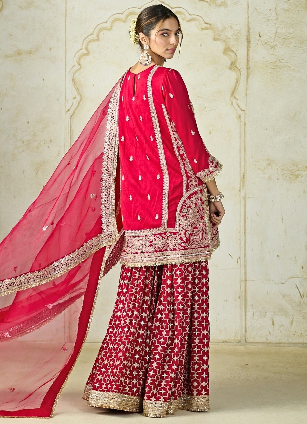 Gopi Vaid Red Tussar Kurta Sharara SetFabilicious Fashion