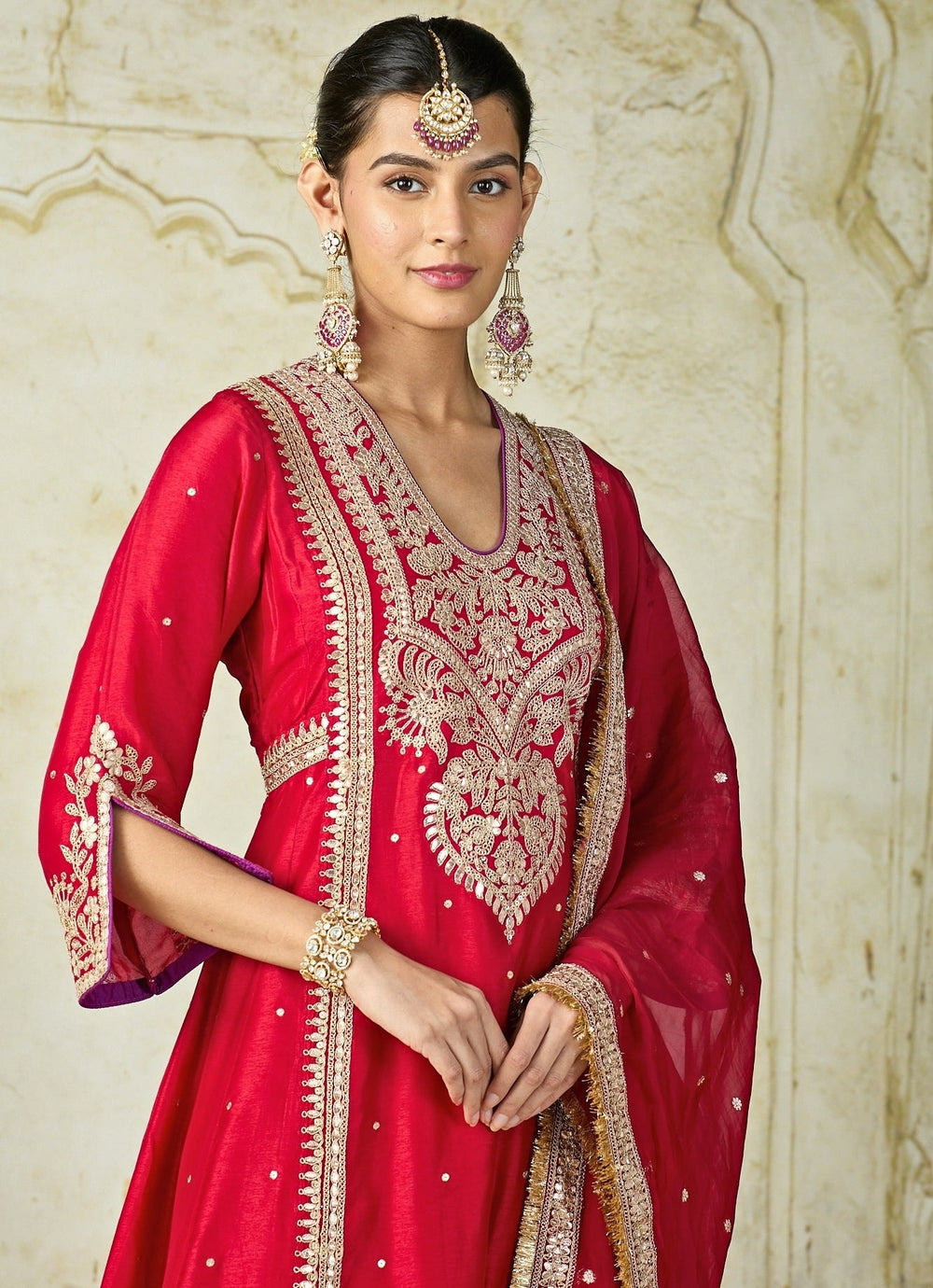 Gopi Vaid Red Tussar Long Kurta Palazzo SetFabilicious Fashion