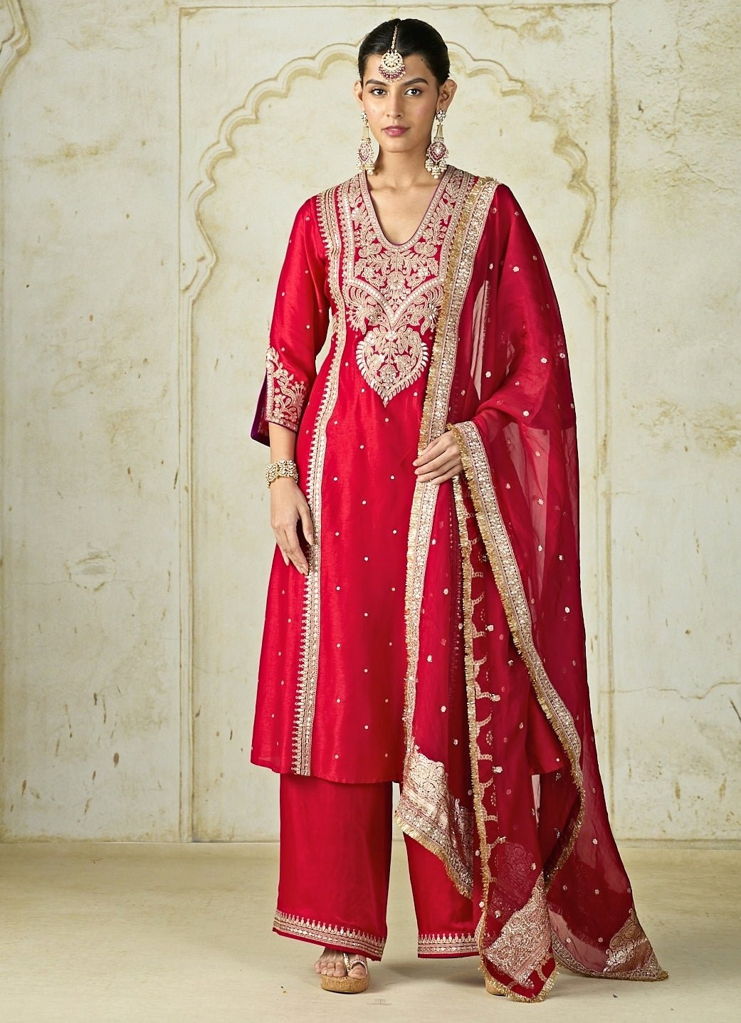 Gopi Vaid Red Tussar Long Kurta Palazzo SetFabilicious Fashion