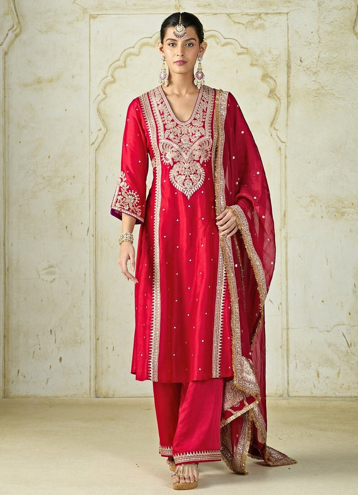 Gopi Vaid Red Tussar Long Kurta Palazzo SetFabilicious Fashion
