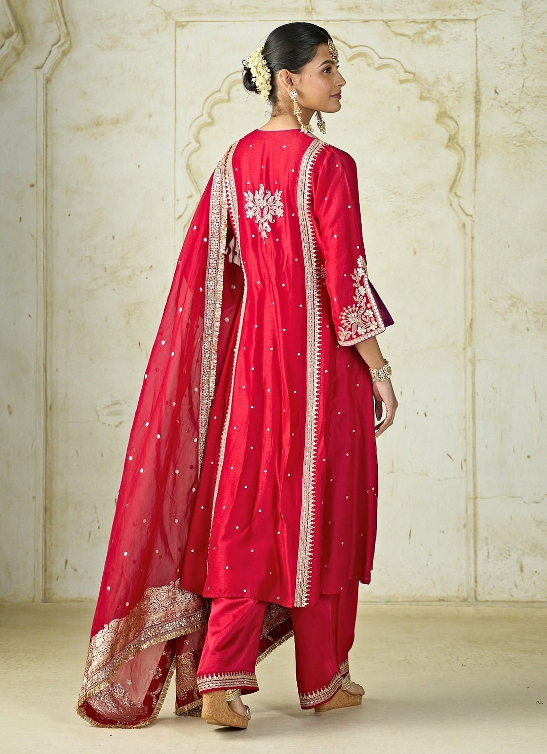 Gopi Vaid Red Tussar Long Kurta Palazzo SetFabilicious Fashion