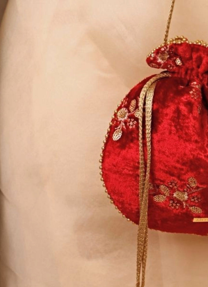 Red Velvet Embroidered Potli Amyra - Fabilicious Fashion