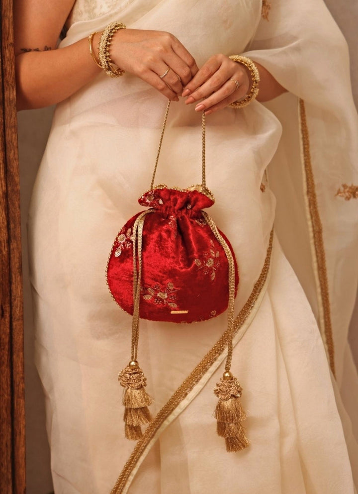 Red Velvet Embroidered Potli Amyra - Fabilicious Fashion
