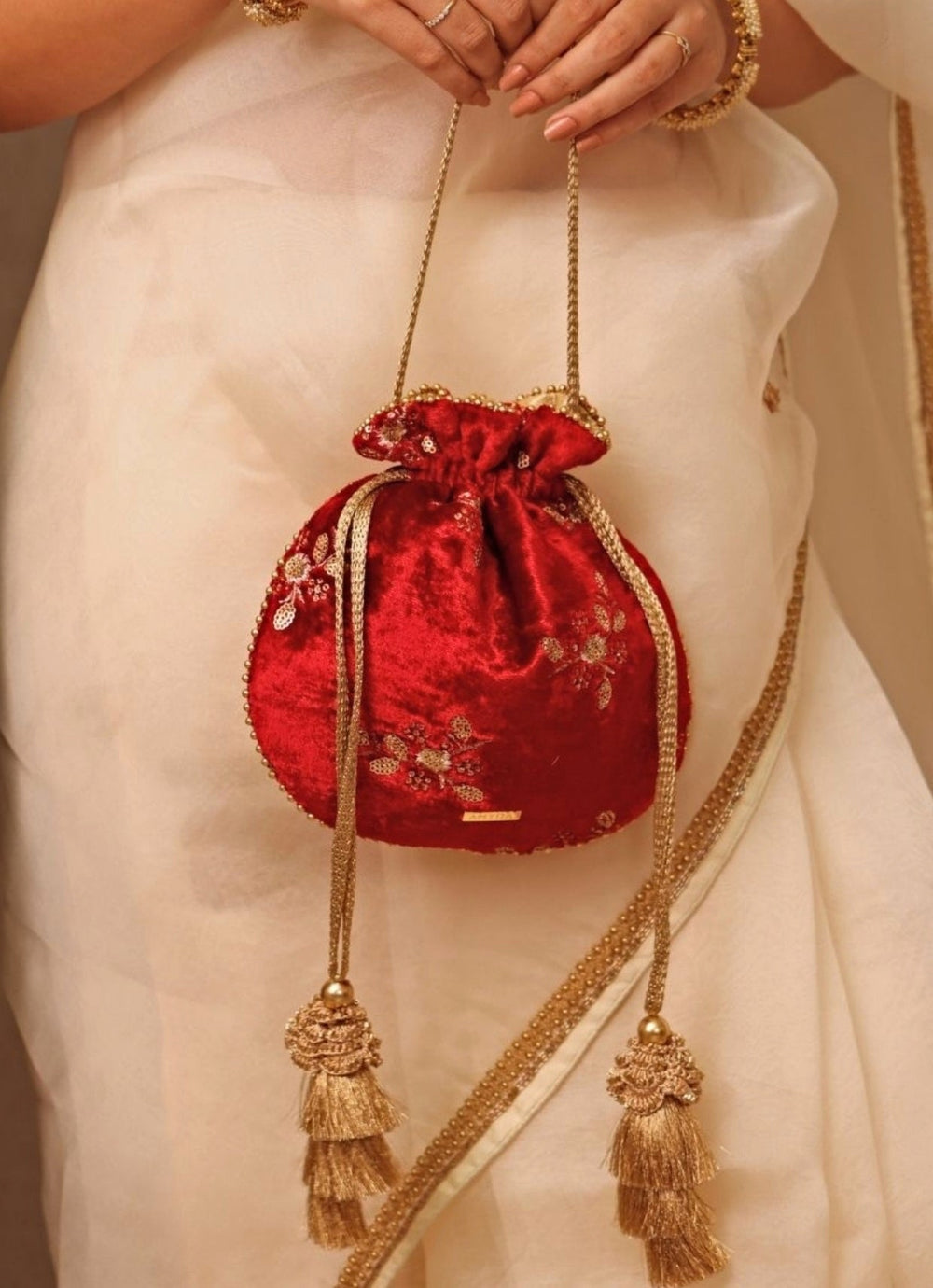 Red Velvet Embroidered Potli Amyra - Fabilicious Fashion