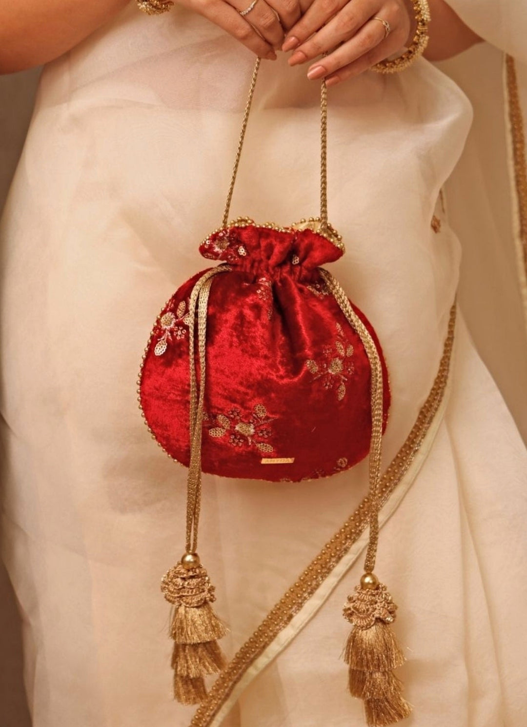Red Velvet Embroidered Potli Amyra - Fabilicious Fashion