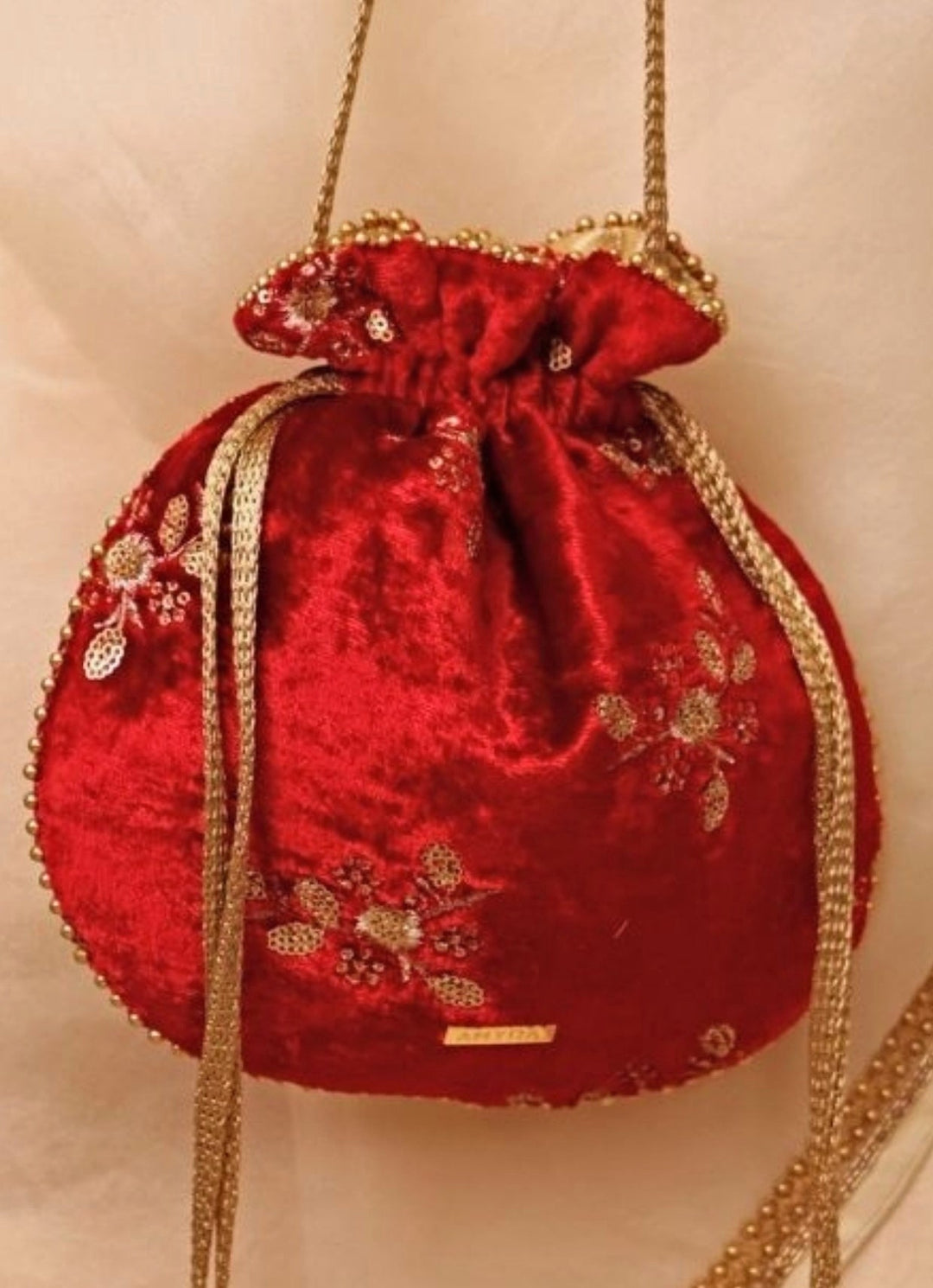 Red Velvet Embroidered Potli Amyra - Fabilicious Fashion
