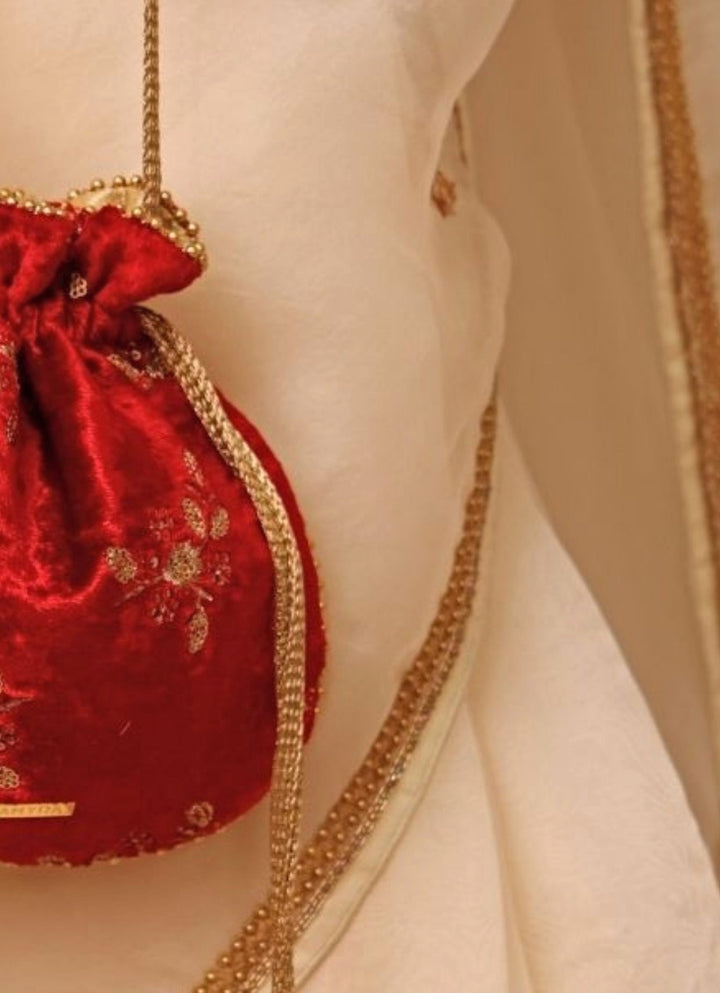 Red Velvet Embroidered Potli Amyra - Fabilicious Fashion