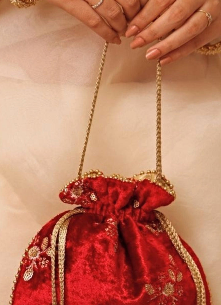 Red Velvet Embroidered Potli Amyra - Fabilicious Fashion