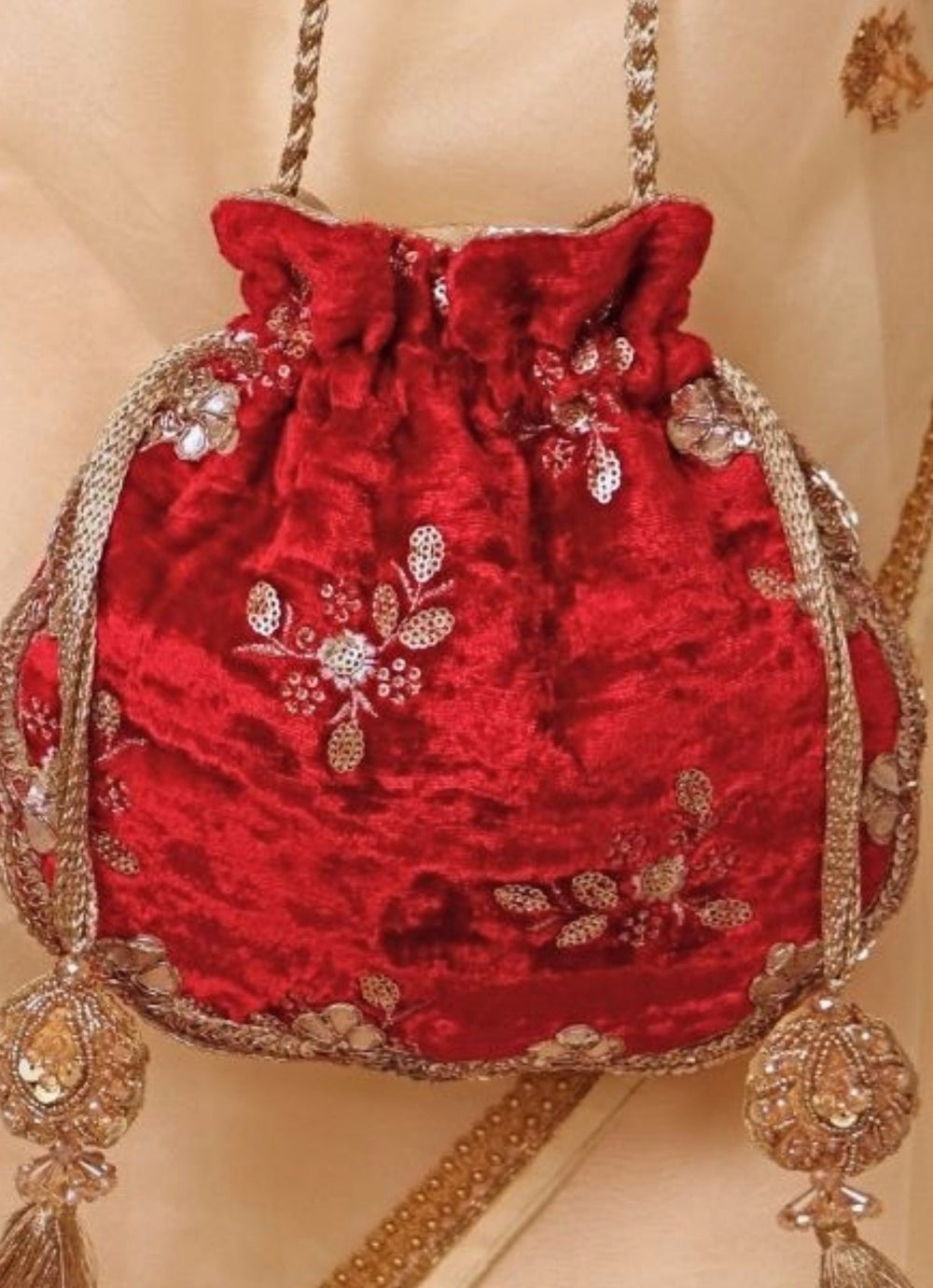 Red Velvet Scallop Embroidered Potli Amyra - Fabilicious Fashion