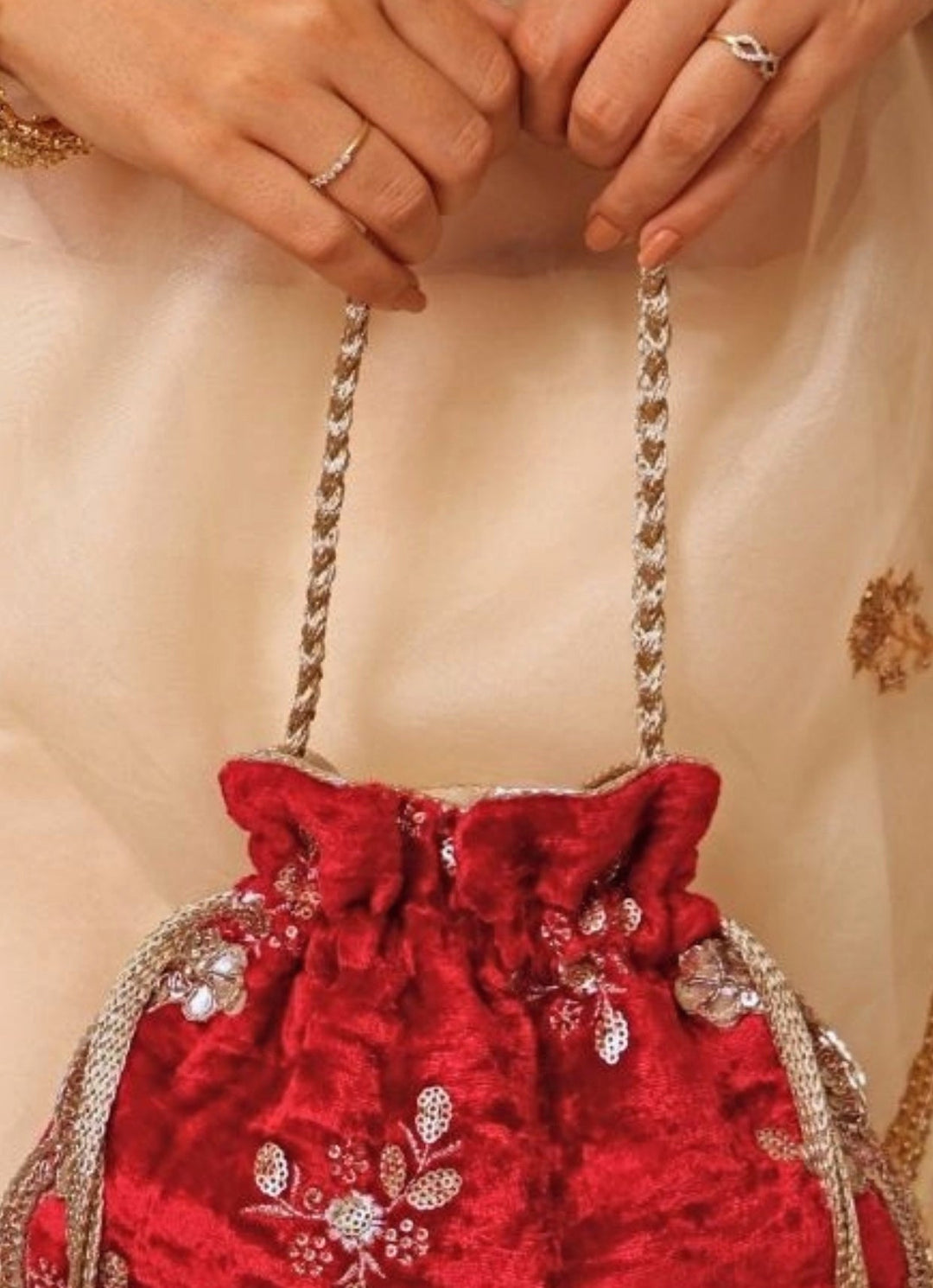 Red Velvet Scallop Embroidered Potli Amyra - Fabilicious Fashion