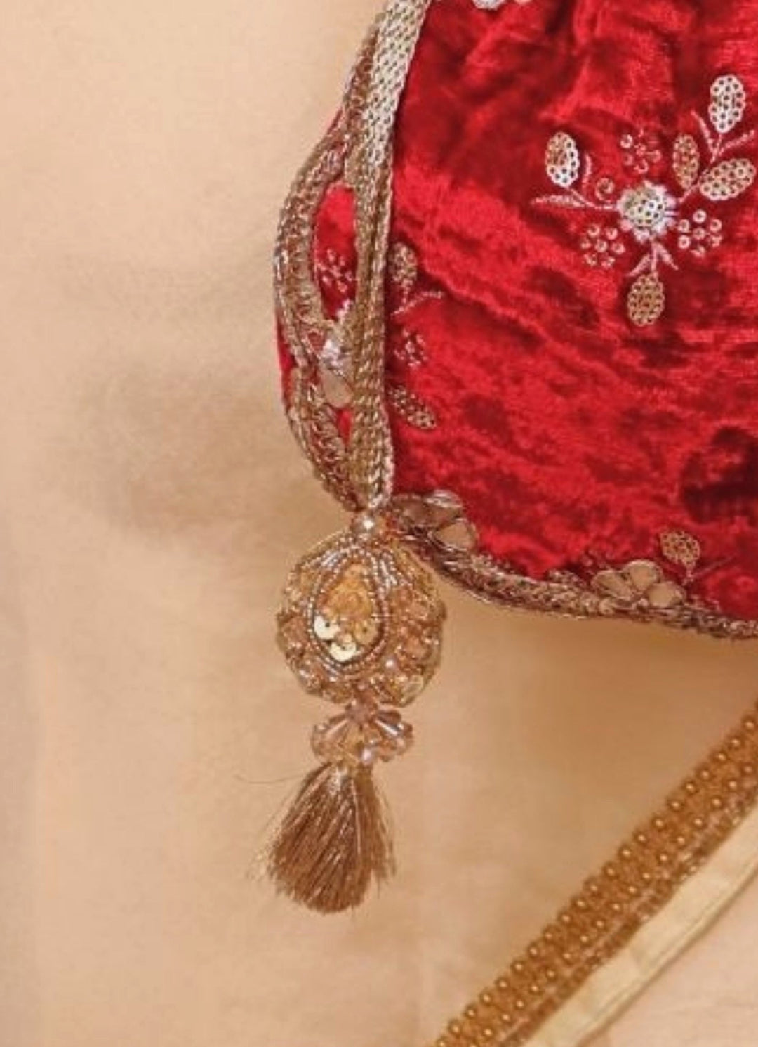 Red Velvet Scallop Embroidered Potli Amyra - Fabilicious Fashion