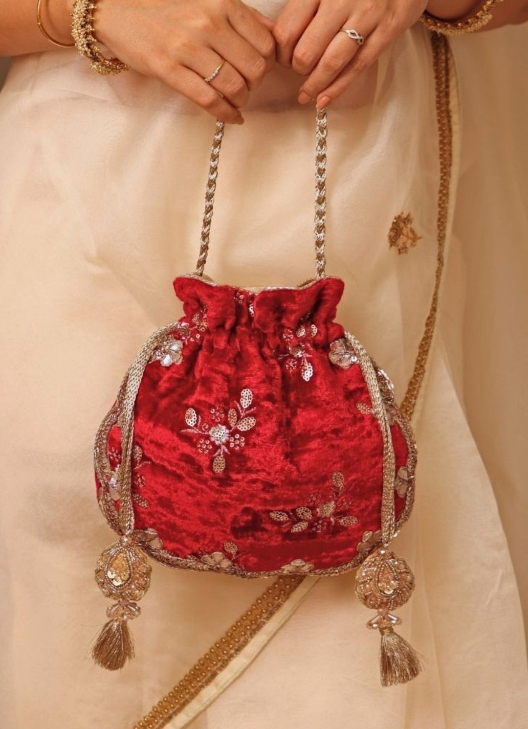 Red Velvet Scallop Embroidered Potli Amyra - Fabilicious Fashion