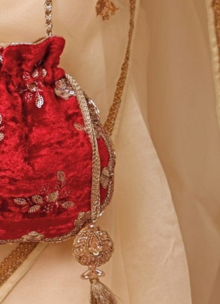 Red Velvet Scallop Embroidered Potli Amyra - Fabilicious Fashion