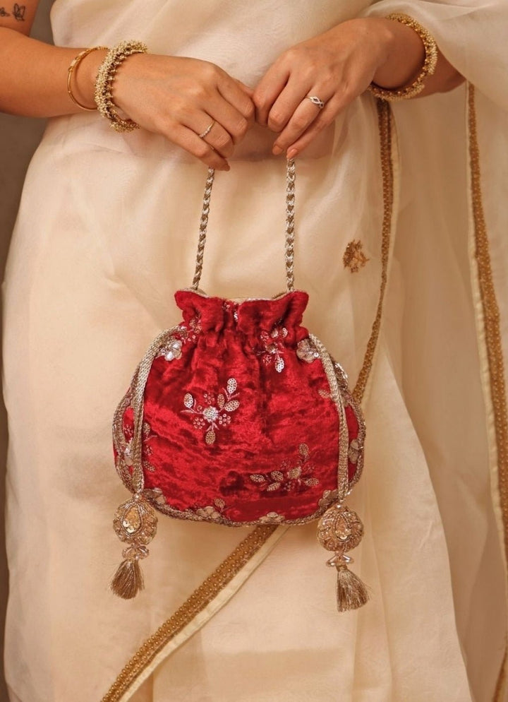 Red Velvet Scallop Embroidered Potli Amyra - Fabilicious Fashion