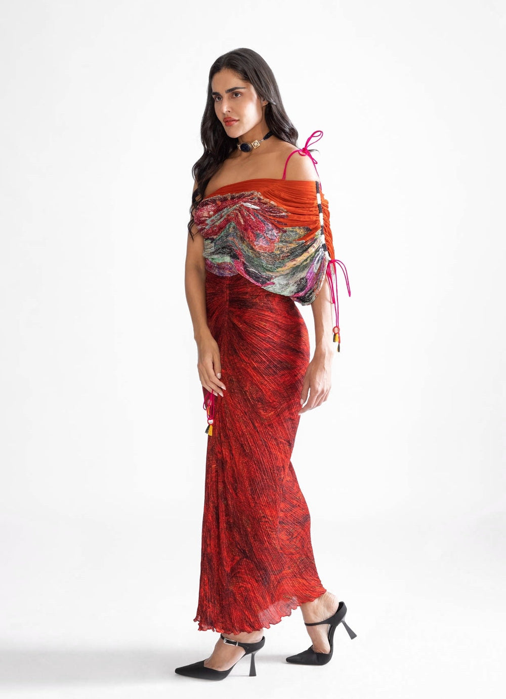 Red Wave And Daisy Print Dress Saaksha & Kinni - Fabilicious Fashion