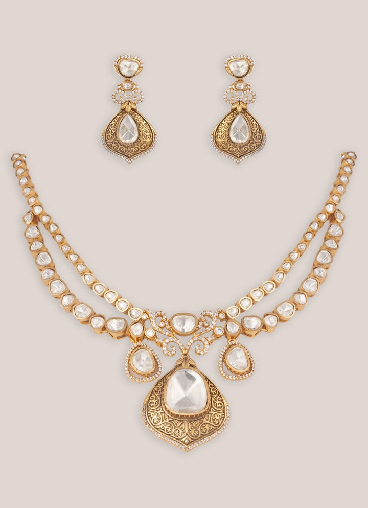 Zevar by Geeta Regal Gold Finish Moissanite Stone Necklace SetFabilicious Fashion