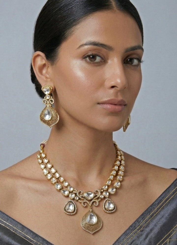 Zevar by Geeta Regal Gold Finish Moissanite Stone Necklace SetFabilicious Fashion
