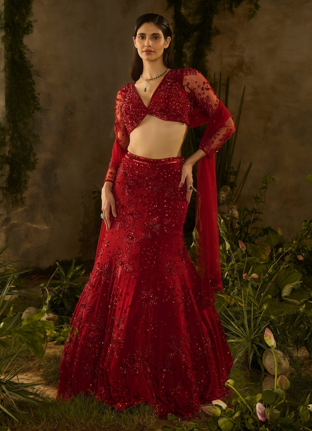 Regal Red Satin Georgette Lehenga Set Parul Gandhi - Fabilicious Fashion