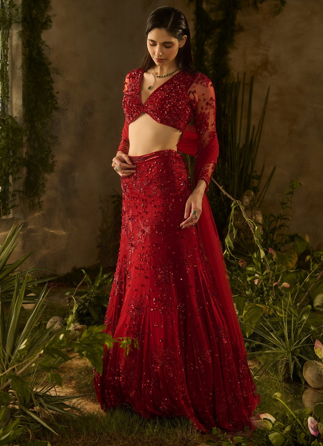 Regal Red Satin Georgette Lehenga Set Parul Gandhi - Fabilicious Fashion