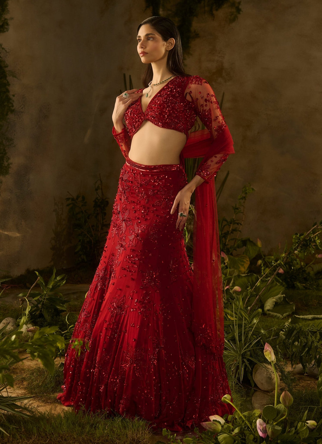Regal Red Satin Georgette Lehenga Set Parul Gandhi - Fabilicious Fashion