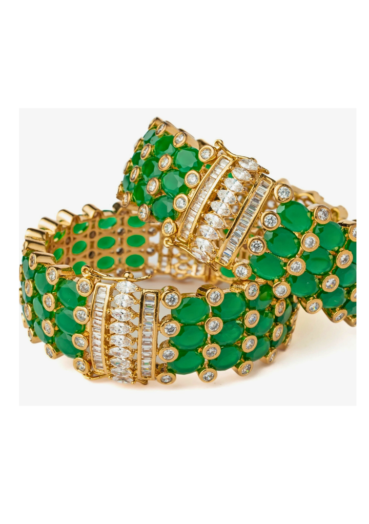 Gold Plated Green Stone And Kundan Polki Bangle Set