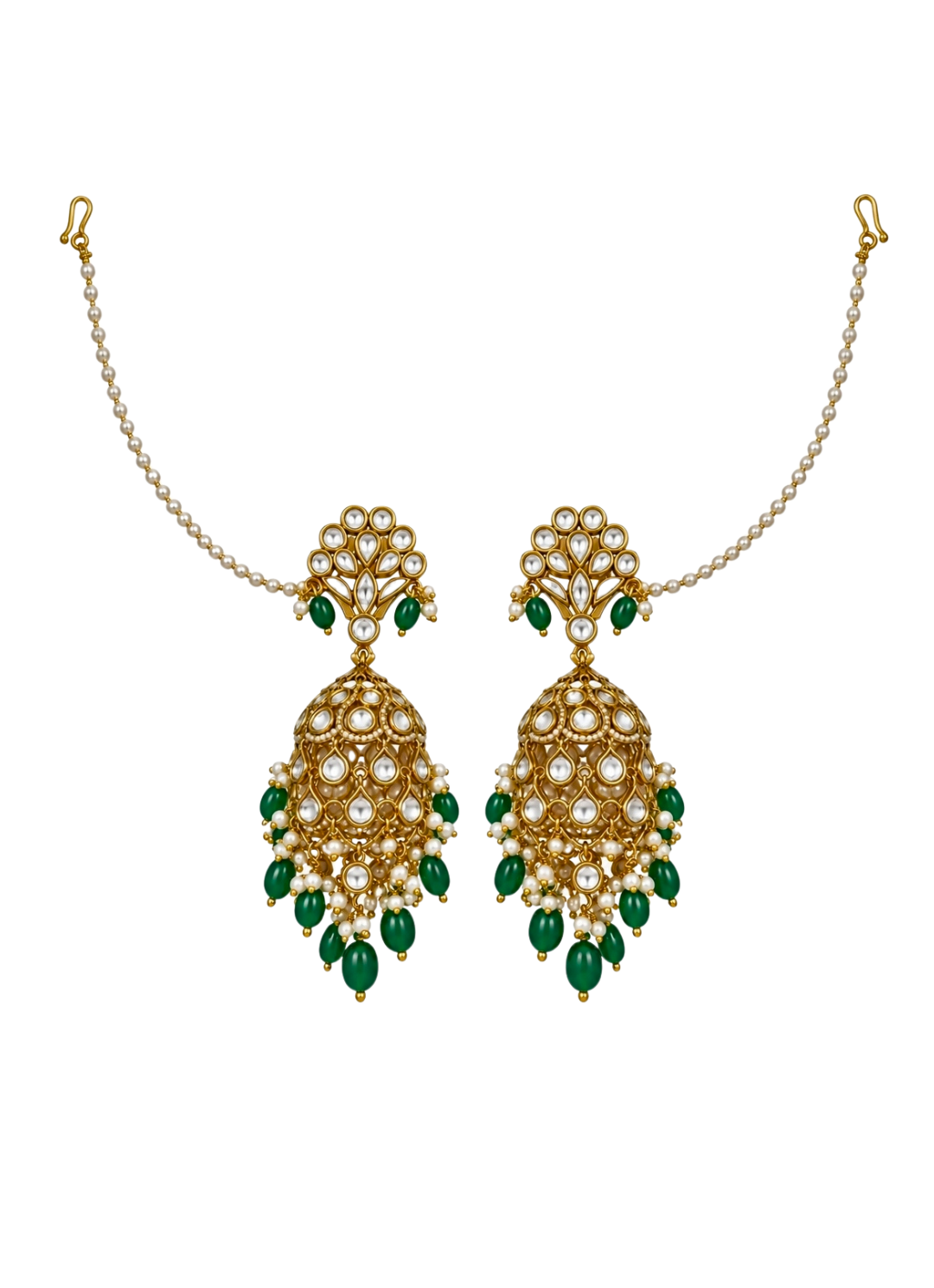 Gold Plated Kundan Pearl Earrings With Ear Chain