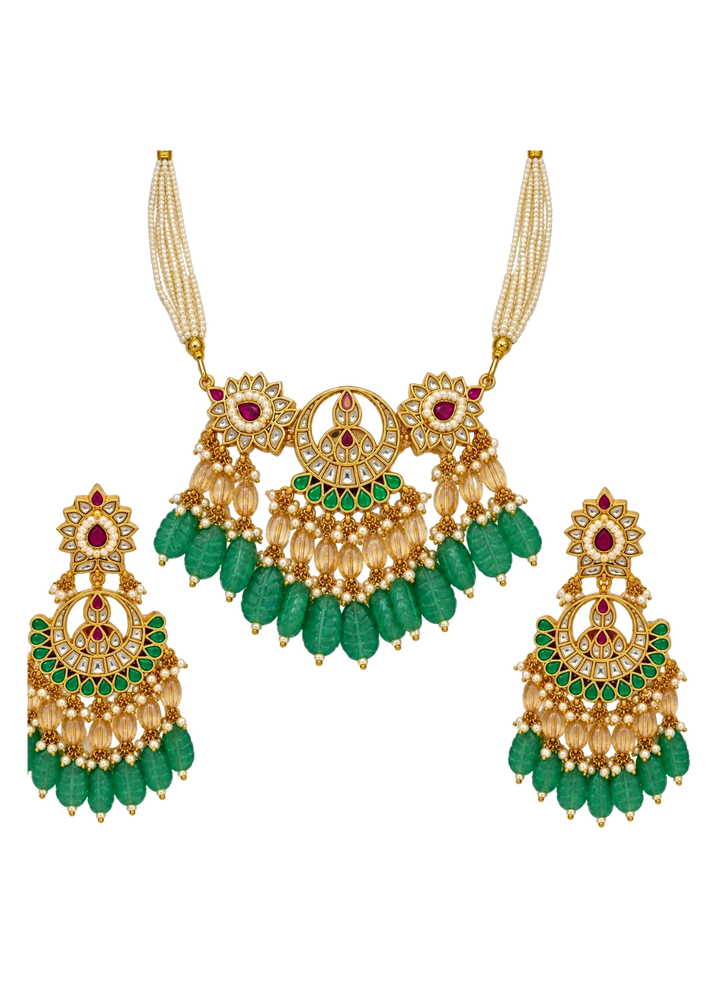 Emerald Carved Beaded Kundan Necklace Set