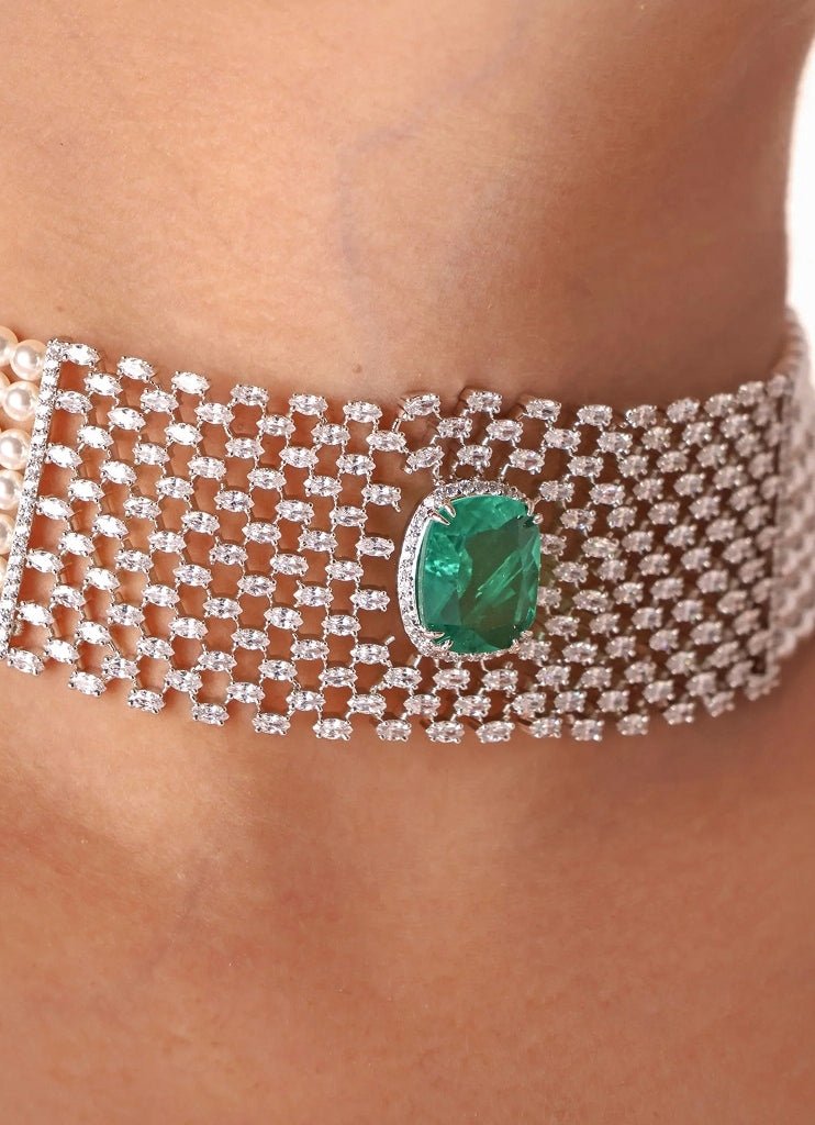 Rhodium Plated Emerald Stone Pearl Choker Set Mr Jewels - Fabilicious Fashion