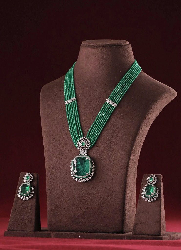 Mr Jewels Rhodium Plated Green Beaded Pendant Necklace SetFabilicious Fashion