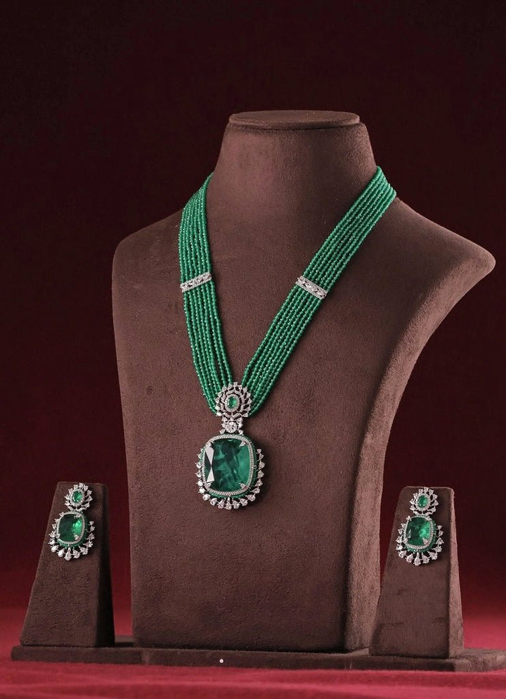 Mr Jewels Rhodium Plated Green Beaded Pendant Necklace SetFabilicious Fashion