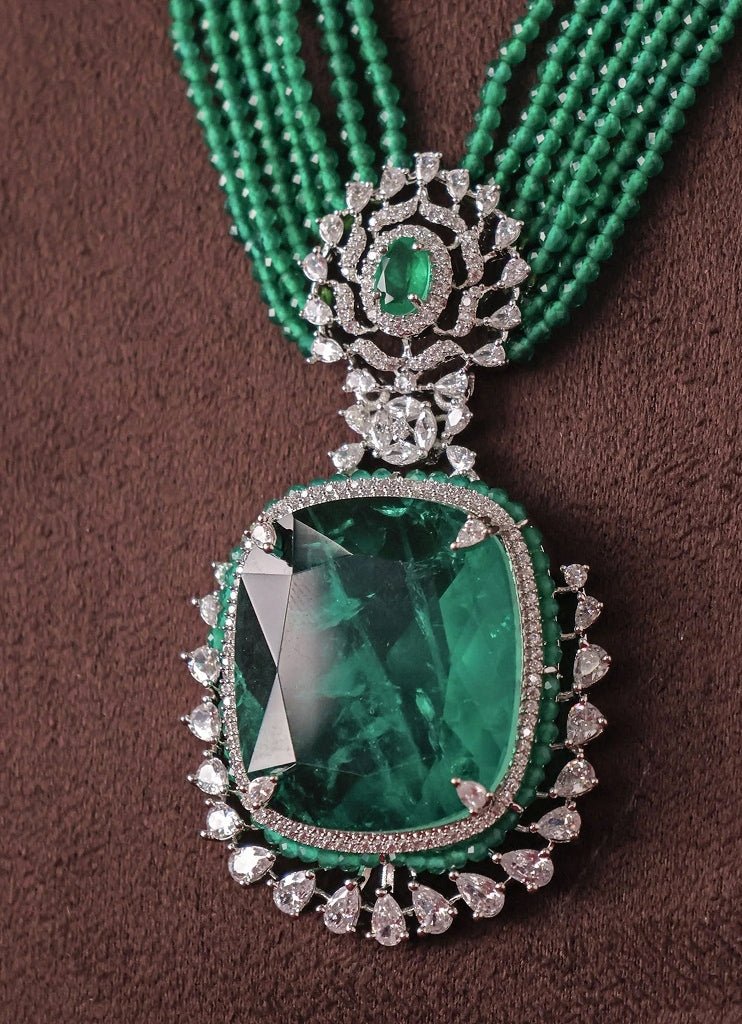 Mr Jewels Rhodium Plated Green Beaded Pendant Necklace SetFabilicious Fashion