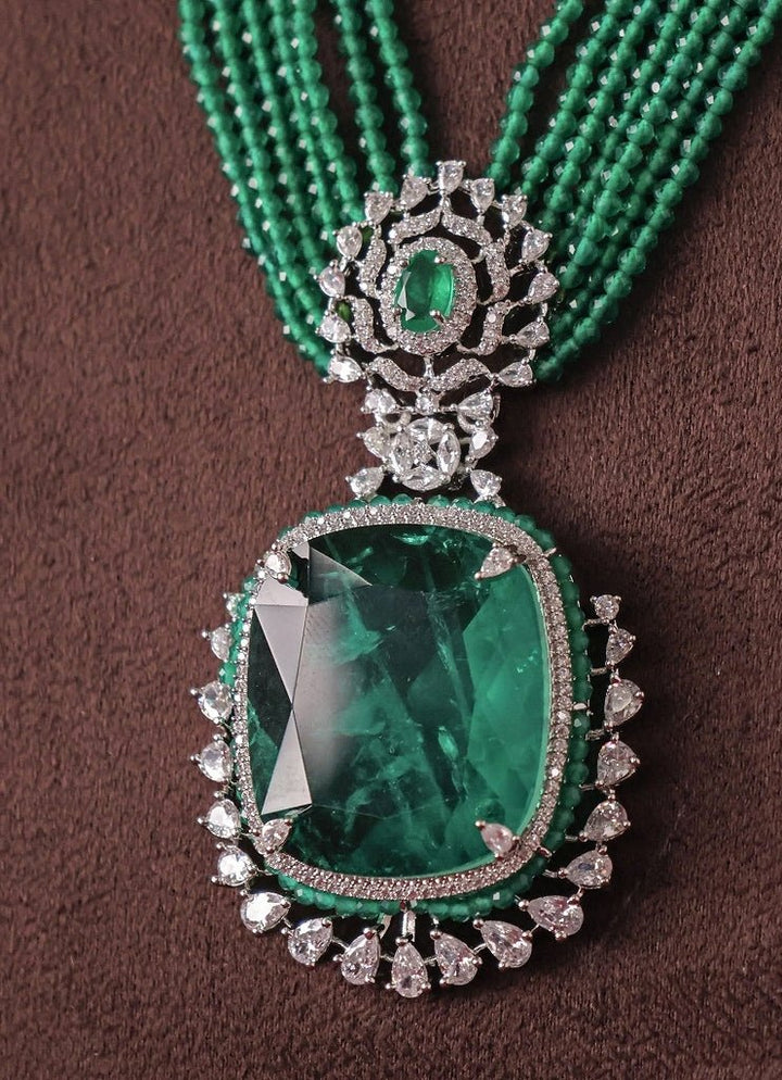 Mr Jewels Rhodium Plated Green Beaded Pendant Necklace SetFabilicious Fashion