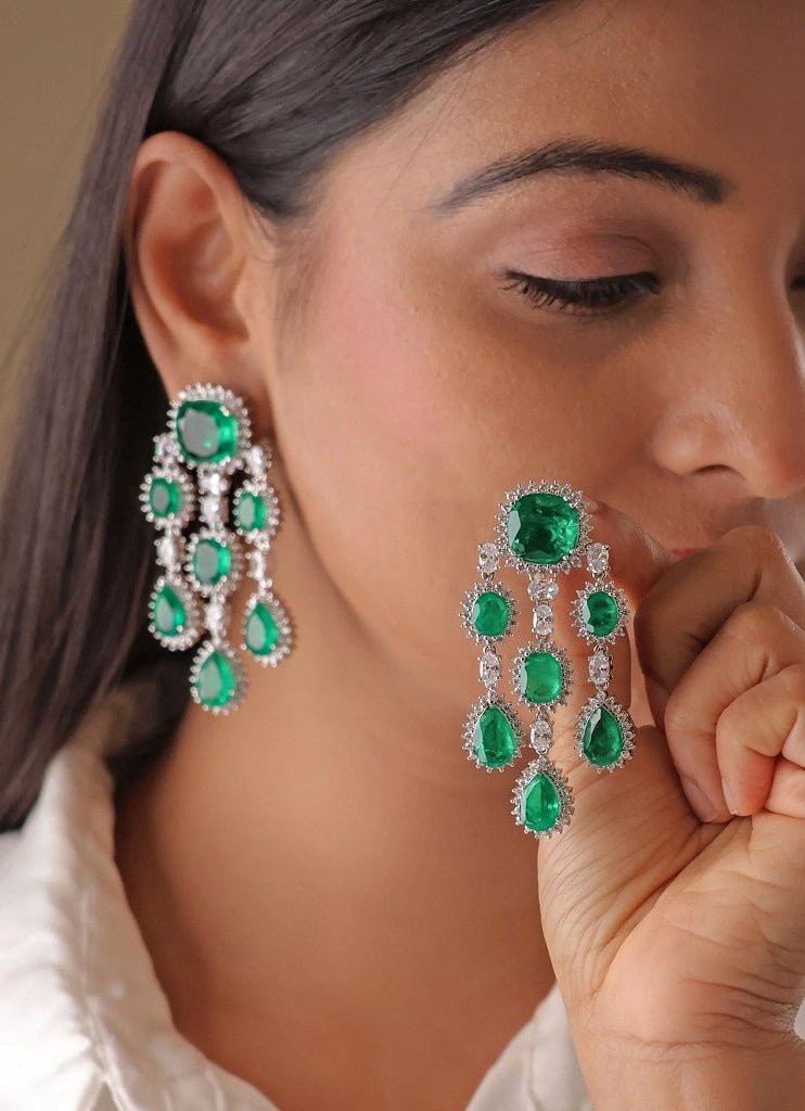 Rhodium Plated Green Stone Chandelier Earrings Mr Jewels - Fabilicious Fashion