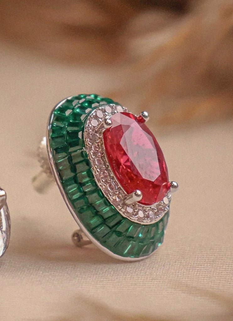 Rhodium Plated Ruby And Green Stone Studs Mr Jewels - Fabilicious Fashion