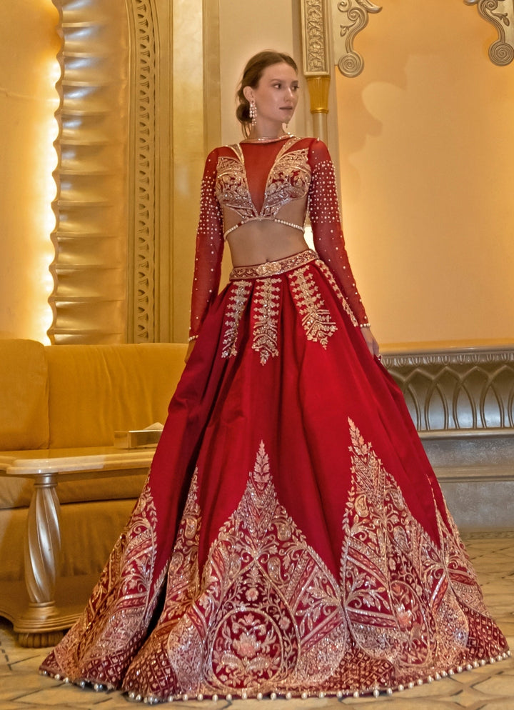 Rich Ruby Red Embroidered Bridal Satin Lehenga Set Jigar and Nikita - Fabilicious Fashion