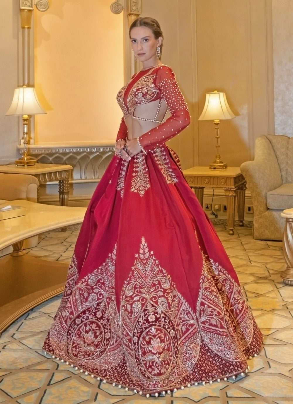 Rich Ruby Red Embroidered Bridal Satin Lehenga Set Jigar and Nikita - Fabilicious Fashion