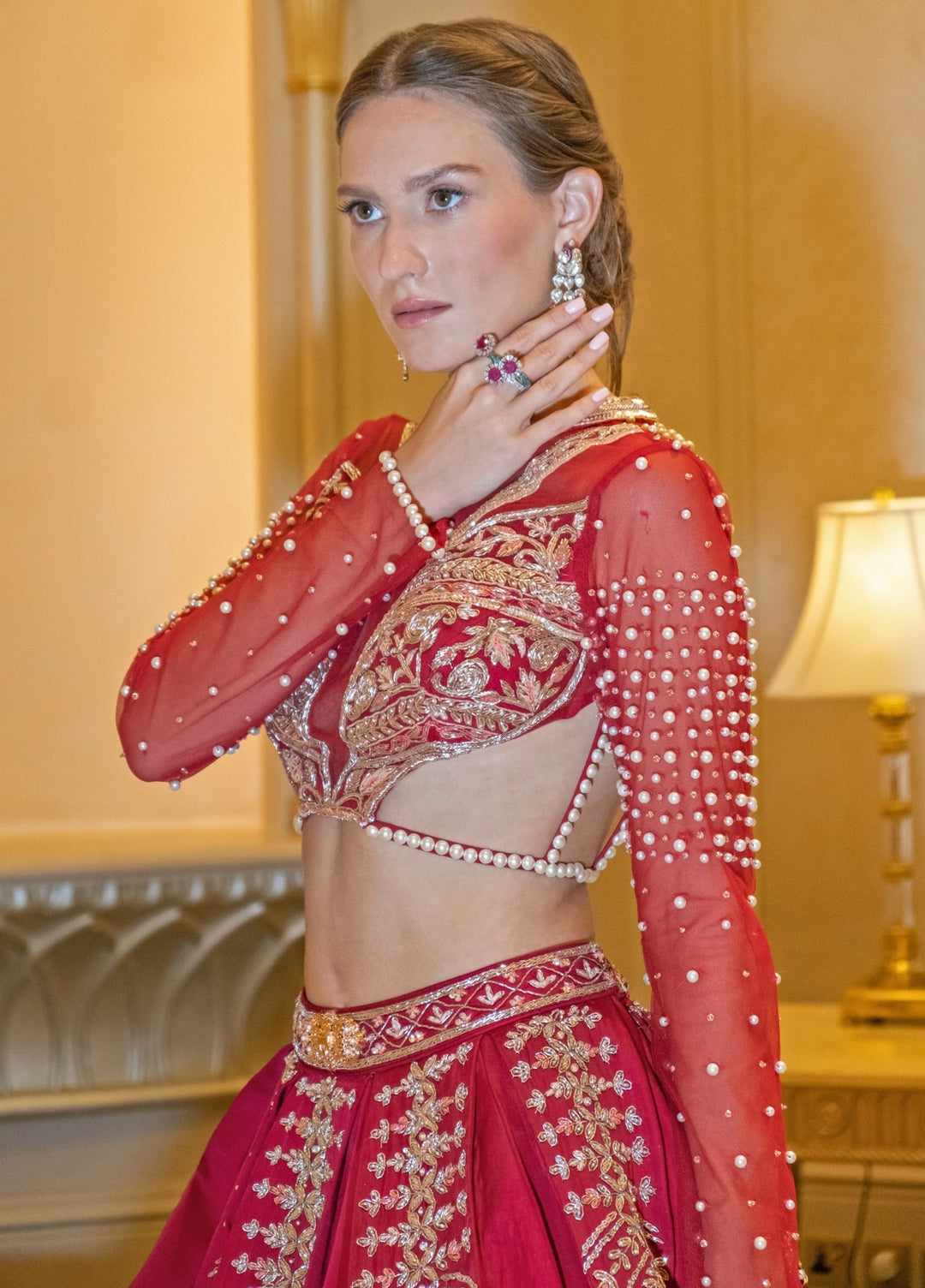 Rich Ruby Red Embroidered Bridal Satin Lehenga Set Jigar and Nikita - Fabilicious Fashion