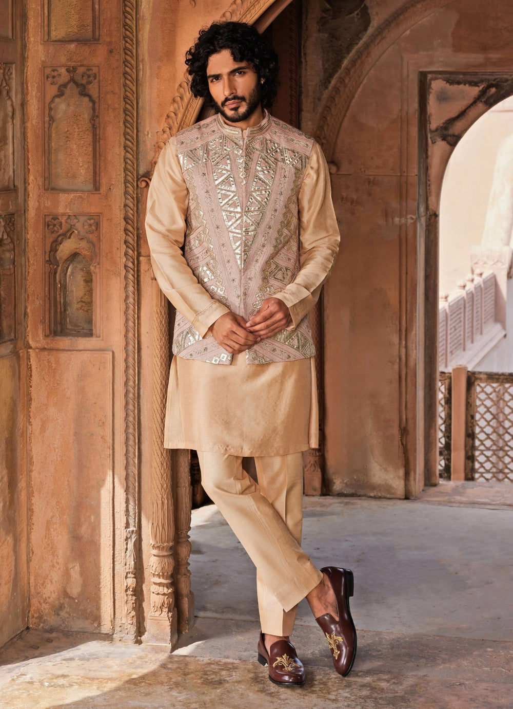 Rose Brown Embroidered Nehru Jacket Set Contrast By Parth - Fabilicious Fashion