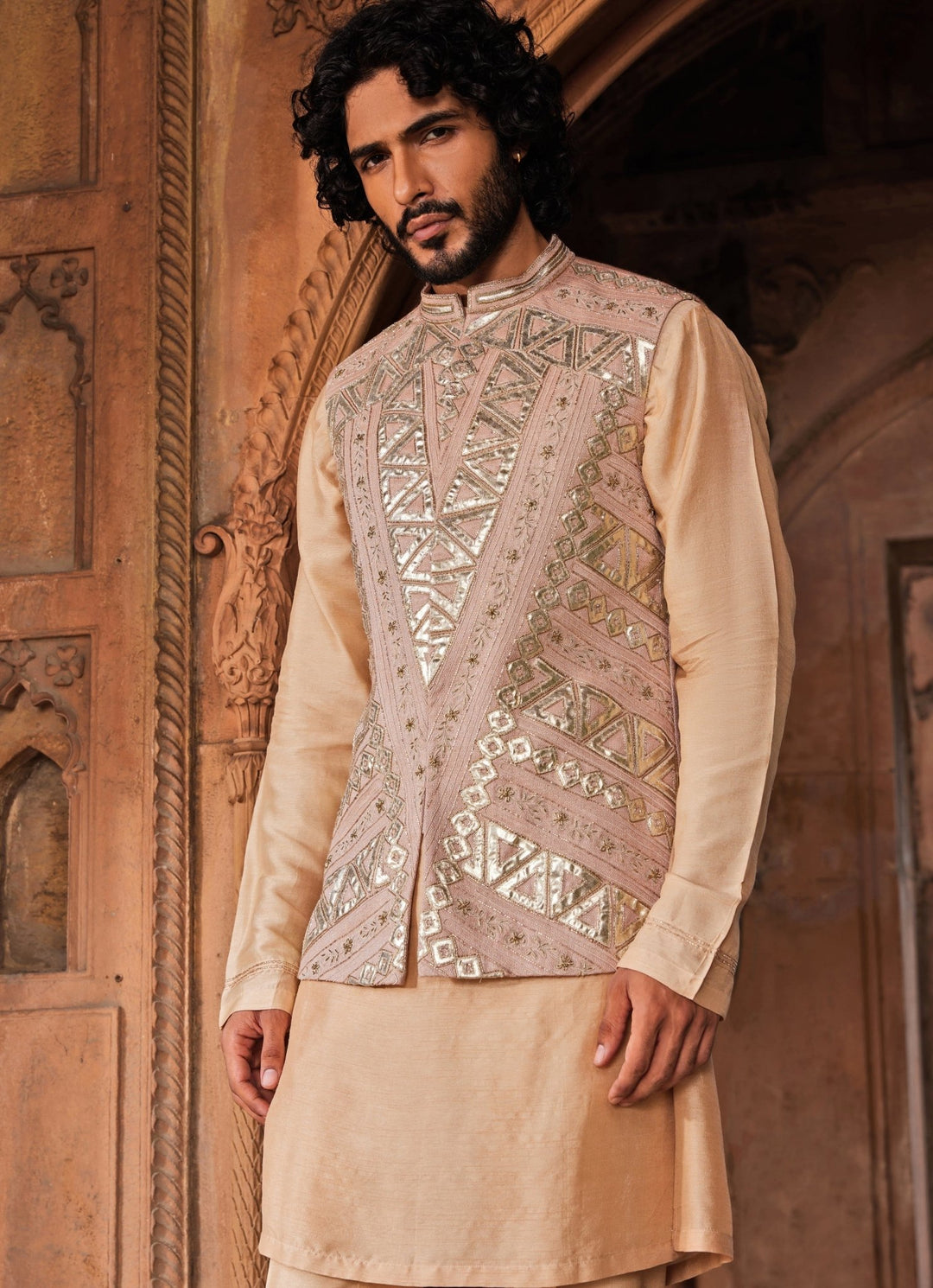 Rose Brown Embroidered Nehru Jacket Set Contrast By Parth - Fabilicious Fashion