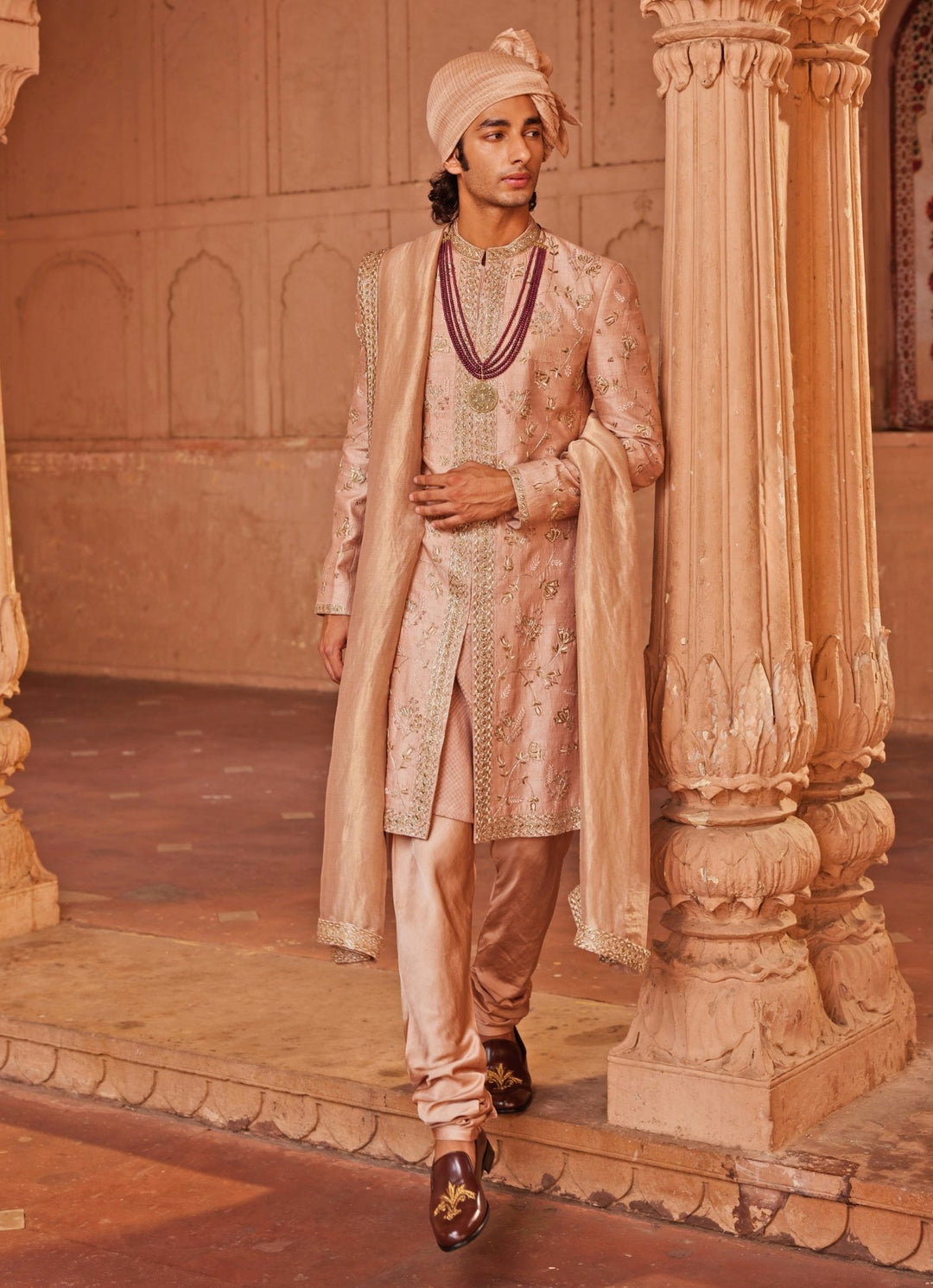 Rose Brown Embroidered Sherwani Set Contrast By Parth - Fabilicious Fashion