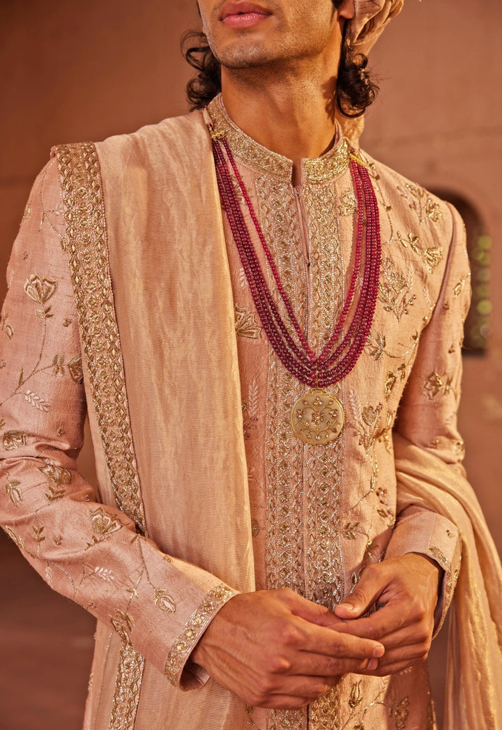 Rose Brown Embroidered Sherwani Set Contrast By Parth - Fabilicious Fashion