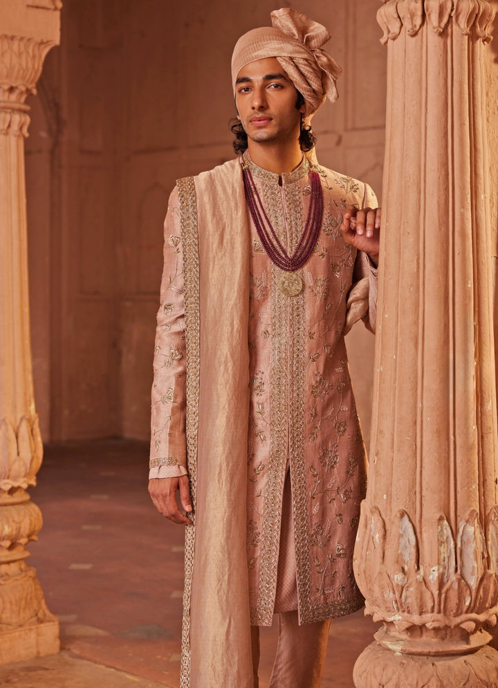 Rose Brown Embroidered Sherwani Set Contrast By Parth - Fabilicious Fashion