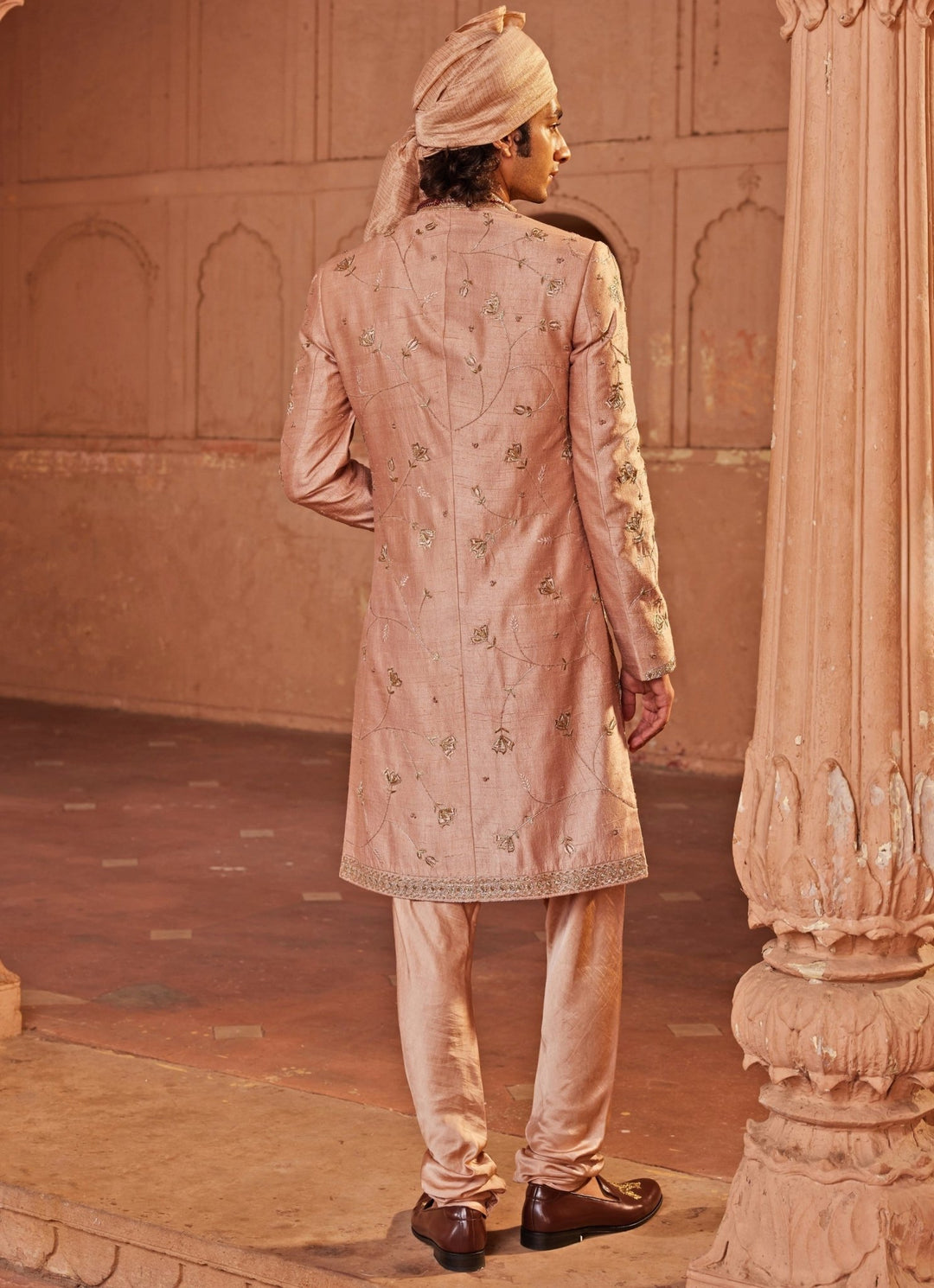 Rose Brown Embroidered Sherwani Set Contrast By Parth - Fabilicious Fashion