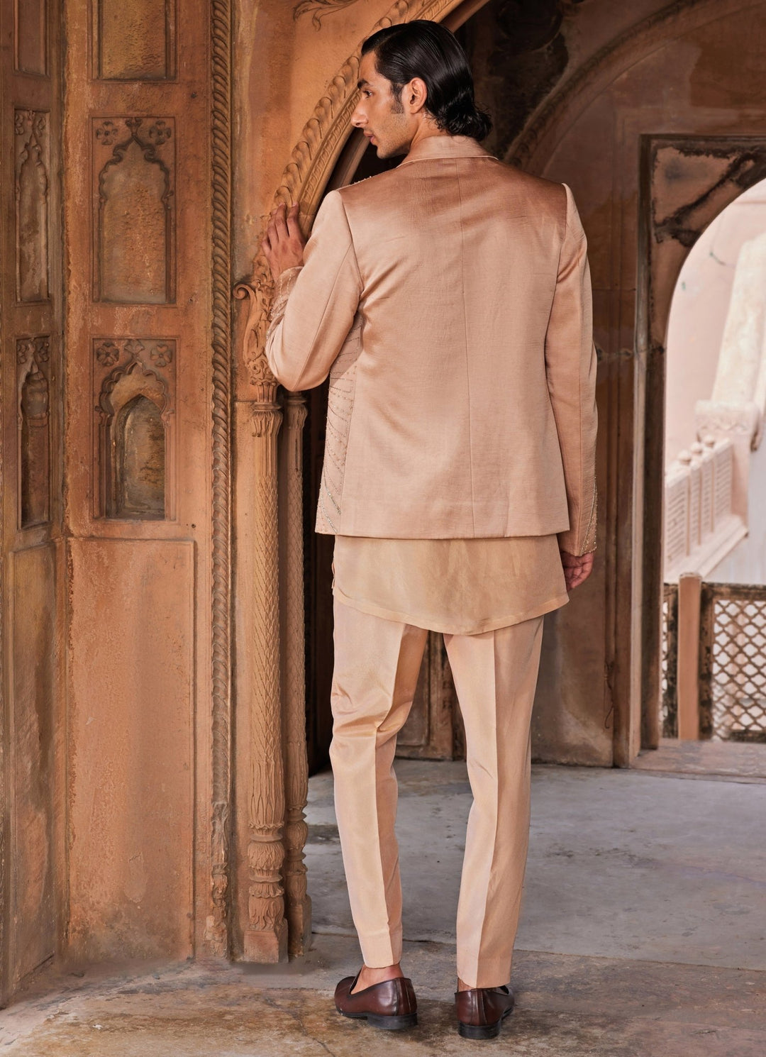 Rose Brown Embroidered Shirt Set With Jacket Contrast By Parth - Fabilicious Fashion