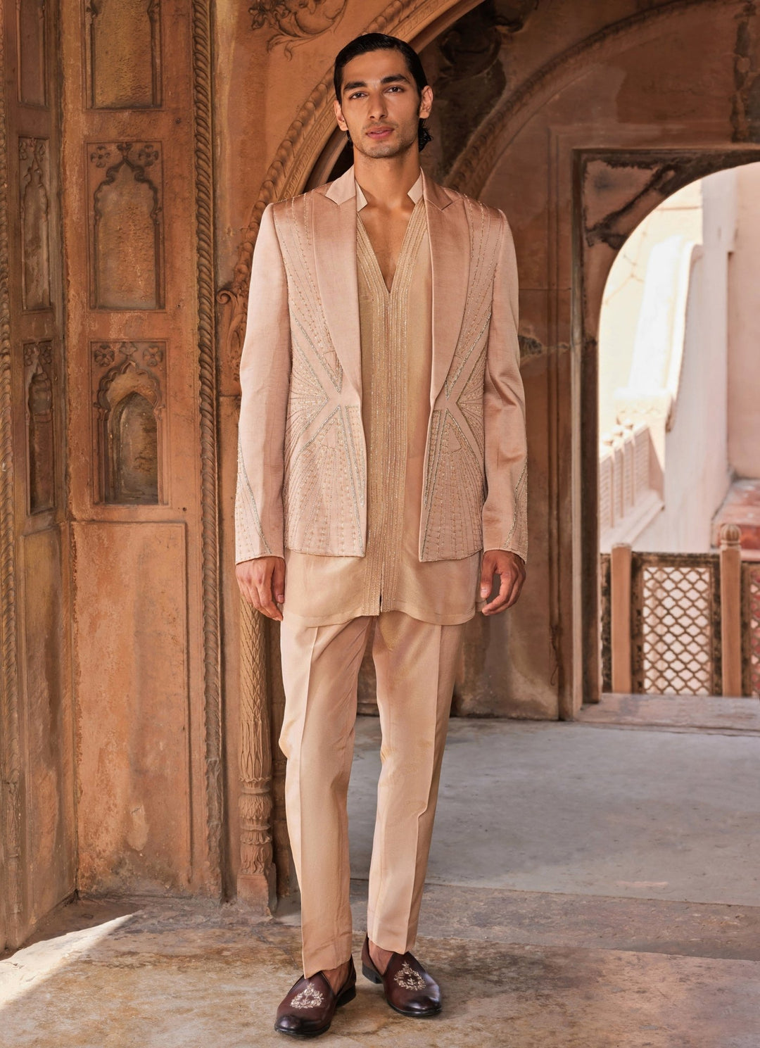 Rose Brown Embroidered Shirt Set With Jacket Contrast By Parth - Fabilicious Fashion