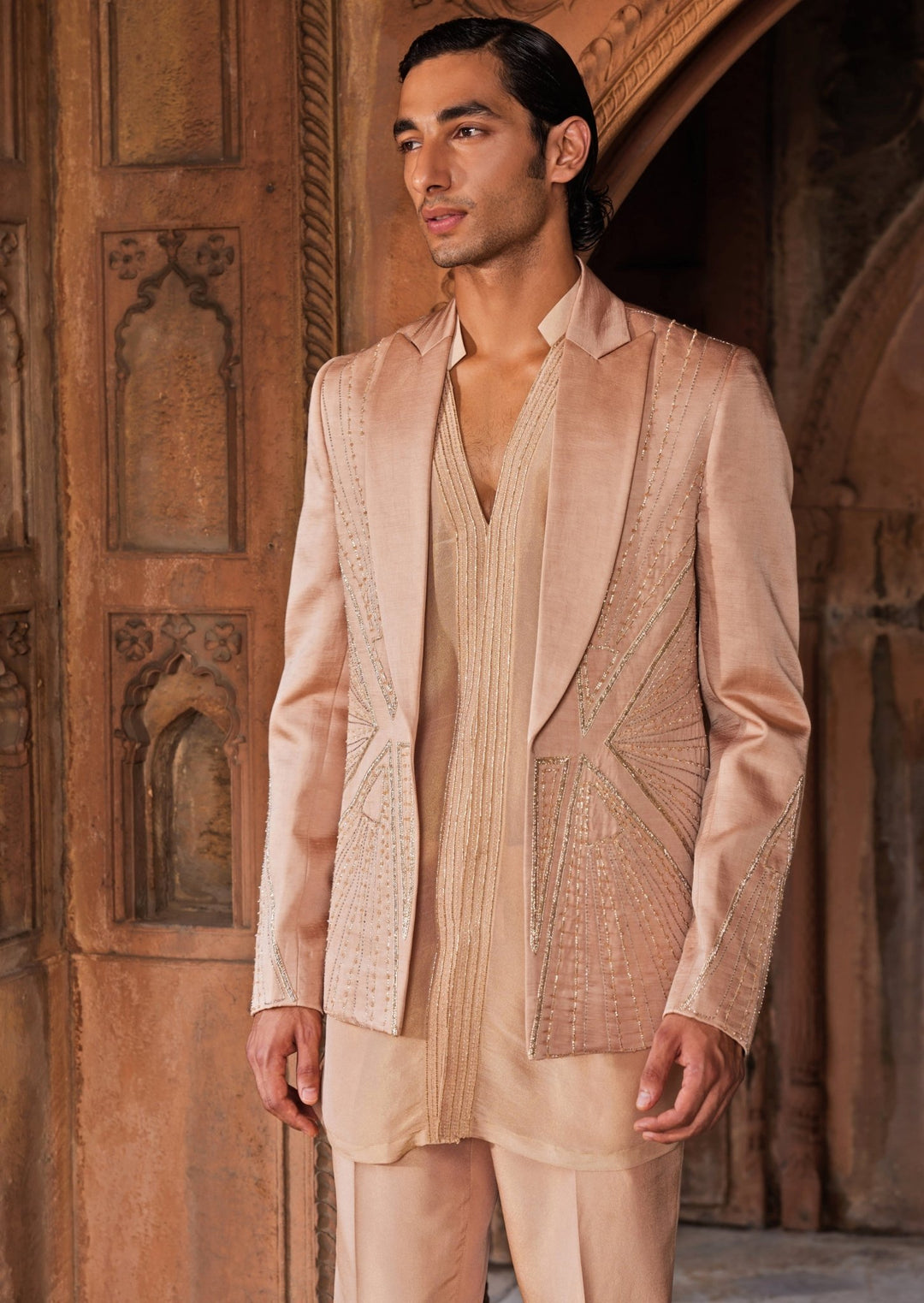 Rose Brown Embroidered Shirt Set With Jacket Contrast By Parth - Fabilicious Fashion