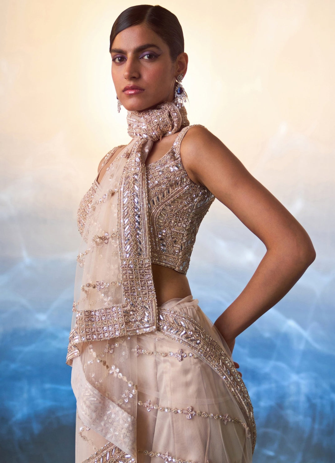 Rose Gold Embellished Net Saree Angad Singh - Fabilicious Fashion
